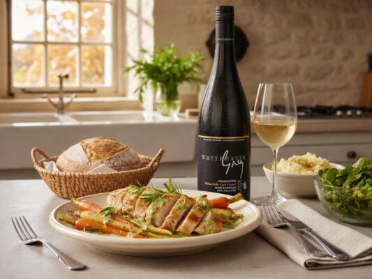 Gebratenes Freilandhuhn mit Estragon-Sahnesauce und geröstetem Herbstgemüse, daneben ein Weißweinglas mit goldenem Chardonnay