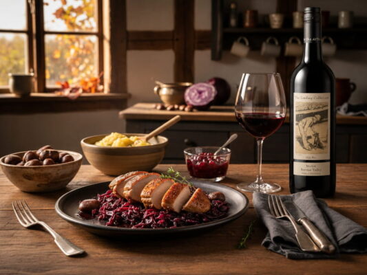 Gebratene Perlhuhnbrust mit Kastanien-Rotkohl und Rotweinjus, daneben ein Rotweinglas mit Merlot