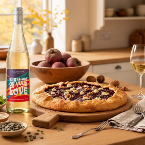 Rote-Bete-Ziegenkäse-Galette mit Walnüssen, daneben ein Weißweinglas mit Pinot Gris