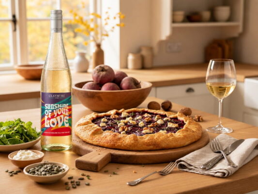 Rote-Bete-Ziegenkäse-Galette mit Walnüssen, daneben ein Weißweinglas mit Pinot Gris