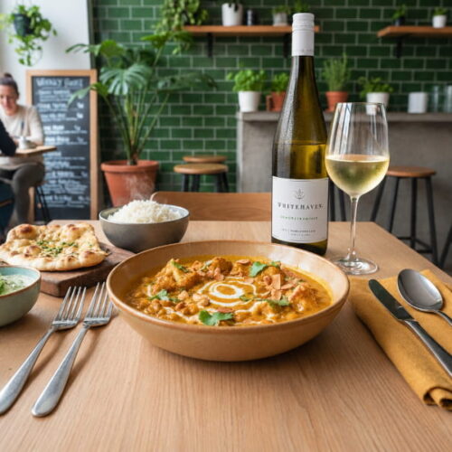 Blumenkohl-Kichererbsen-Korma mit Cashew und Kokos, dazu Gewürztraminer Whitehaven Marlborough, Neuseeland