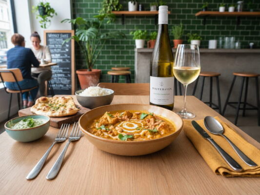 Blumenkohl-Kichererbsen-Korma mit Cashew und Kokos, dazu Gewürztraminer Whitehaven Marlborough, Neuseeland