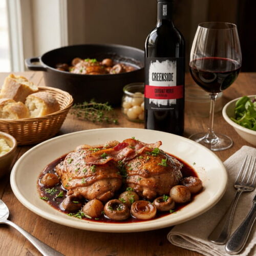 Coq au Vin mit Champignons, Speck und Perlzwiebeln, dazu Cabernet Merlot Creekside Niagara Peninsula, Kanada