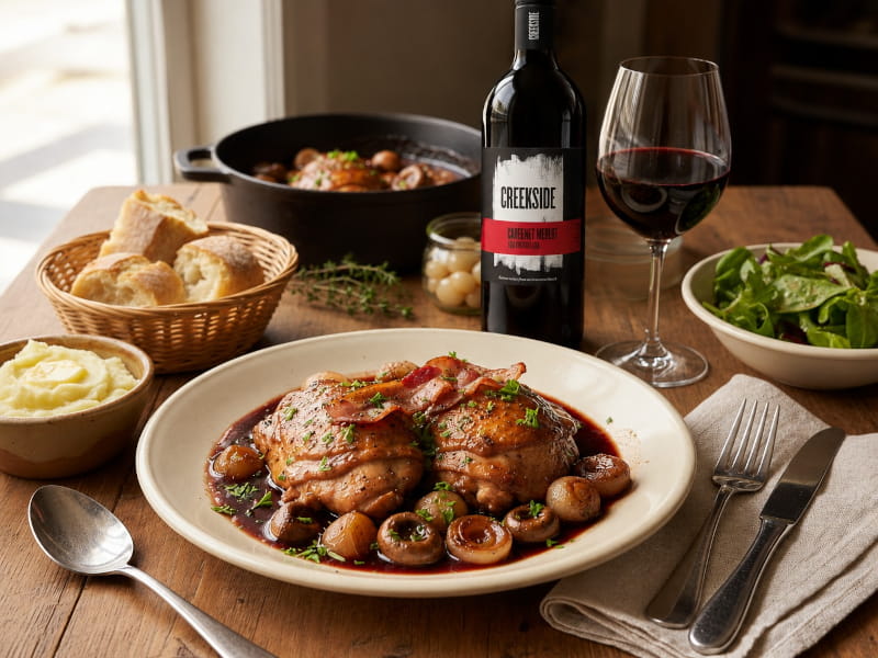 Coq au Vin mit Champignons, Speck und Perlzwiebeln, dazu Cabernet Merlot Creekside Niagara Peninsula, Kanada