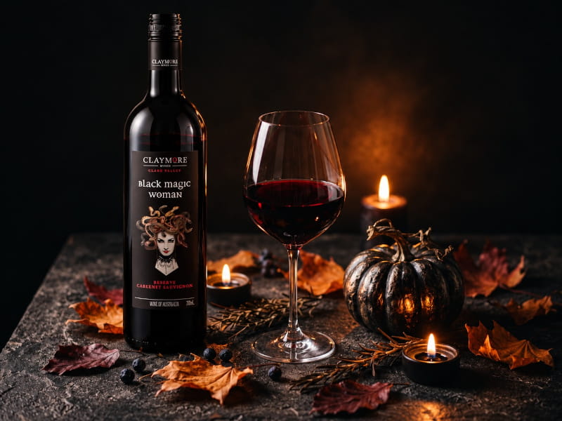 Elegantes Halloween-Setting mit tiefrotem Rotwein im Bordeauxglas, schwarzen Kerzen und dunklem Kürbis auf Steintisch im Kerzenlicht — Claymore Wines Black Magic Woman Reserve Cabernet Sauvignon, Clare Valley, Australien