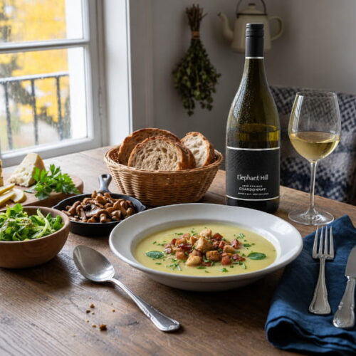 Creamy potato soup with bacon, marjoram and toasted bread, served with Elephant Hill Reserve Chardonnay from Hawke’s Bay, New Zealand