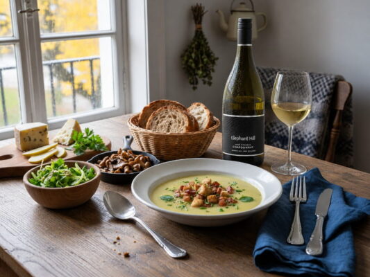 Cremige Kartoffelsuppe mit Speck, Majoran und Röstbrot, dazu Chardonnay Elephant Hill Reserve Hawke's Bay, Neuseeland