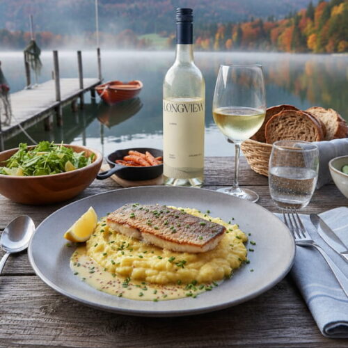 Gebratener Zander auf Lauch-Kartoffel-Stampf mit Senf-Weißweinsauce, dazu Pinot Grigio Longview Queenie Adelaide Hills, Australien