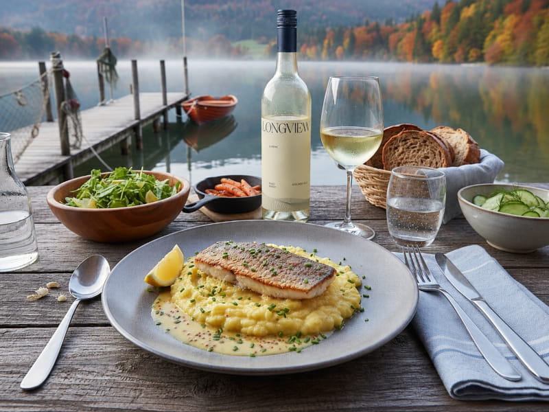 Gebratener Zander auf Lauch-Kartoffel-Stampf mit Senf-Weißweinsauce, dazu Pinot Grigio Longview Queenie Adelaide Hills, Australien