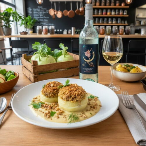 Gefüllte Kohlrabi mit Bulgur und Walnüssen an Senfrahm, dazu Sauvignon Blanc Claymore Cosmic Girl Adelaide Hills, Australien