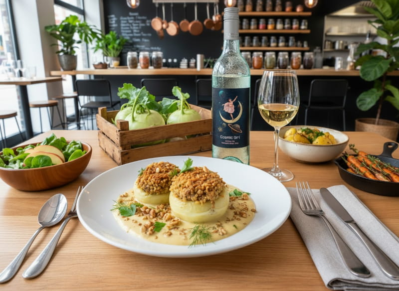Gefüllte Kohlrabi mit Bulgur und Walnüssen an Senfrahm, dazu Sauvignon Blanc Claymore Cosmic Girl Adelaide Hills, Australien