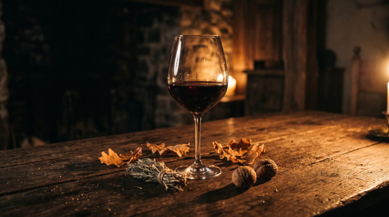 Dunkle Weinflasche und Bordeauxglas mit tiefem Rubinrot auf rustikalem Holztisch, umgeben von Herbstblättern, Rosmarin und Walnüssen im warmen Kerzenlicht