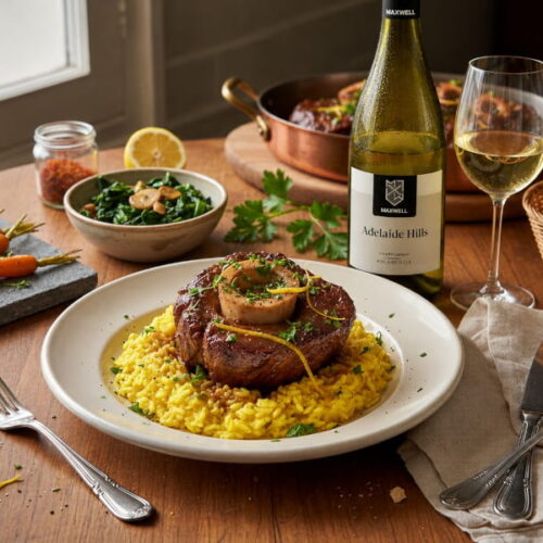 Ossobuco alla Milanese mit Gremolata auf Safranrisotto, dazu Chardonnay Maxwell Adelaide Hills, South Australia, Australien