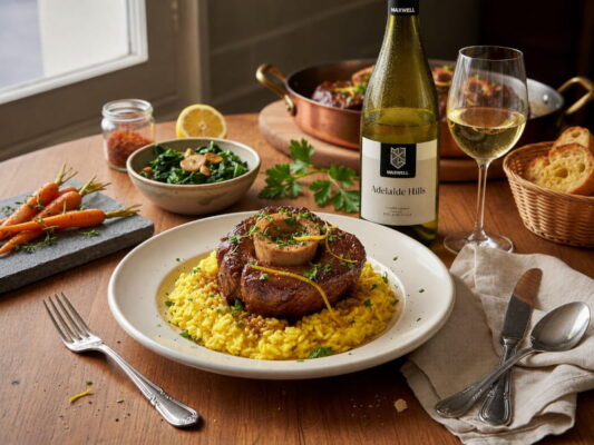 Ossobuco alla Milanese mit Gremolata auf Safranrisotto, dazu Chardonnay Maxwell Adelaide Hills, South Australia, Australien