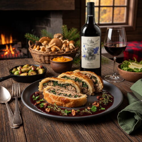 Pilz-Wellington mit Rotweinjus, dazu Cabernet Merlot Maxwell Little Demon McLaren Vale, Australien