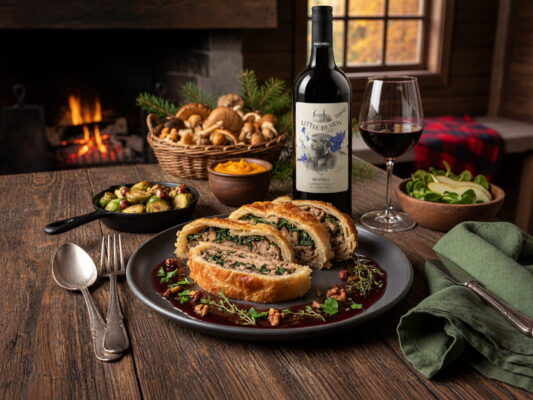 Pilz-Wellington mit Rotweinjus, dazu Cabernet Merlot Maxwell Little Demon McLaren Vale, Australien