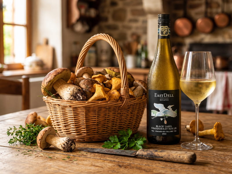 Rustikale Herbstküche mit Weidenkorb voller frischer Steinpilze und Pfifferlinge, elegantem Weißweinglas und EastDell Estates Black Label Chardonnay Sur Lie aus Niagara-on-the-Lake, Kanada — Wein aus Kanada zum Pilzgericht