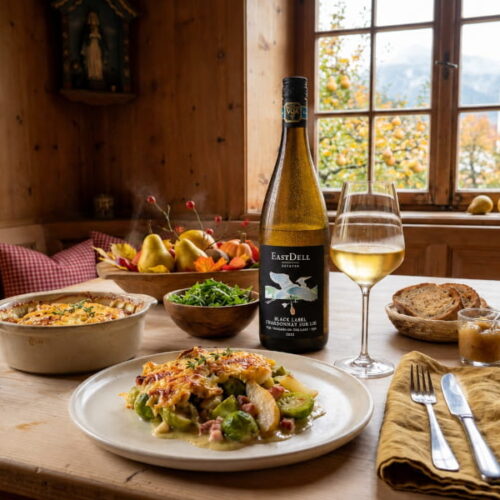 Brussels sprouts gratin with pear, bacon and mountain cheese, served with EastDell Sur Lie Chardonnay from the Niagara Peninsula, Canada