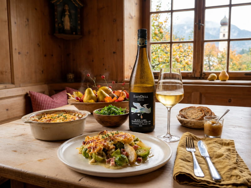 Brussels sprouts gratin with pear, bacon and mountain cheese, served with EastDell Sur Lie Chardonnay from the Niagara Peninsula, Canada