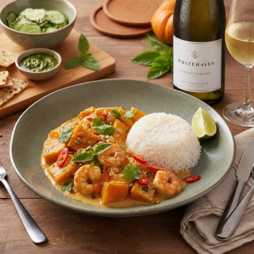 Thai-Kürbis-Curry mit Garnelen und Jasminreis, dazu Gewürztraminer Whitehaven Marlborough (Marlborough, Neuseeland)