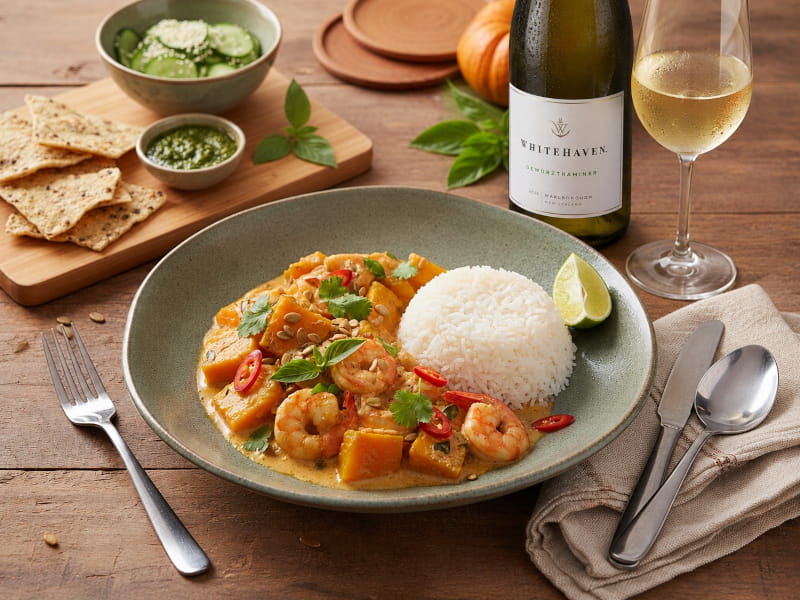 Thai-Kürbis-Curry mit Garnelen und Jasminreis, dazu Gewürztraminer Whitehaven Marlborough (Marlborough, Neuseeland)