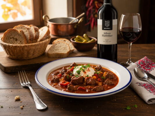 Ungarisches Rindergulasch mit Petersilienkartoffeln, dazu Shiraz Maxwell Silver Hammer McLaren Vale (South Australia, Australien)
