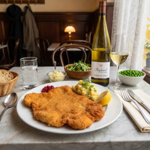 Wiener Schnitzel vom Kalb mit Kartoffel-Gurkensalat, dazu Grüner Veltliner Seifried Nelson, Neuseeland