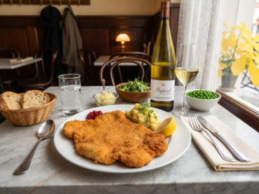 Wiener Schnitzel vom Kalb mit Kartoffel-Gurkensalat, dazu Grüner Veltliner Seifried Nelson, Neuseeland