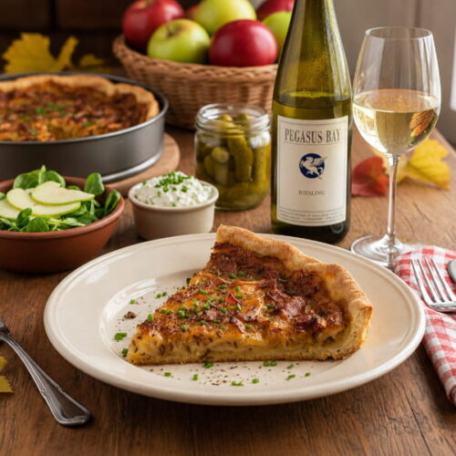 Zwiebelkuchen mit Speck und Feldsalat, dazu Riesling Pegasus Bay Waipara (North Canterbury, Neuseeland)