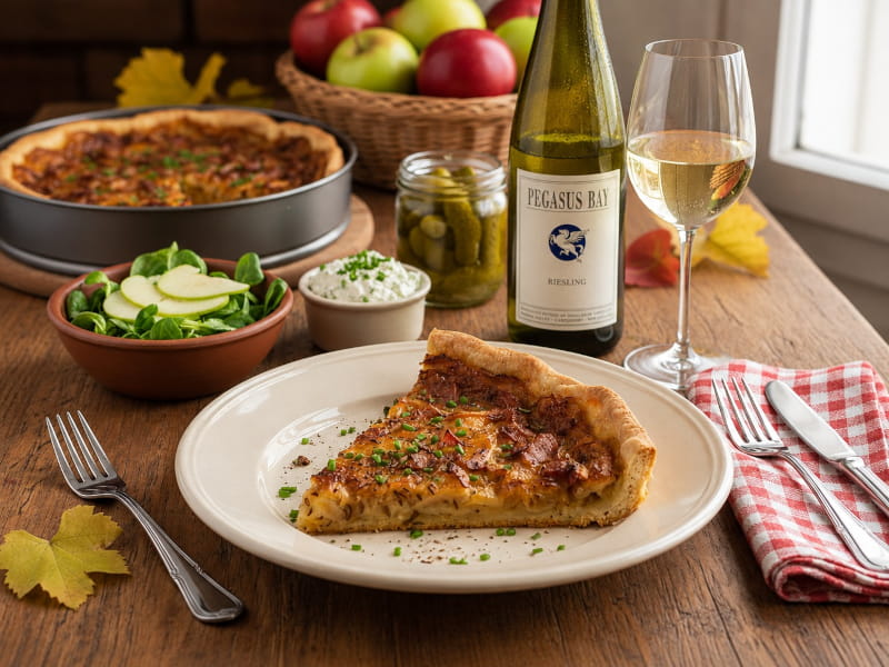 Zwiebelkuchen mit Speck und Feldsalat, dazu Riesling Pegasus Bay Waipara (North Canterbury, Neuseeland)